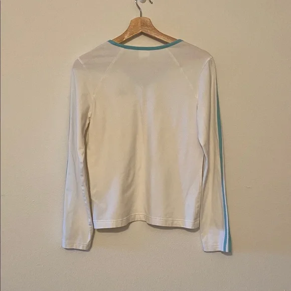 Adidas White and Turquoise V-Neck Long Sleeve Shirt, size small - Picture 2 of 5